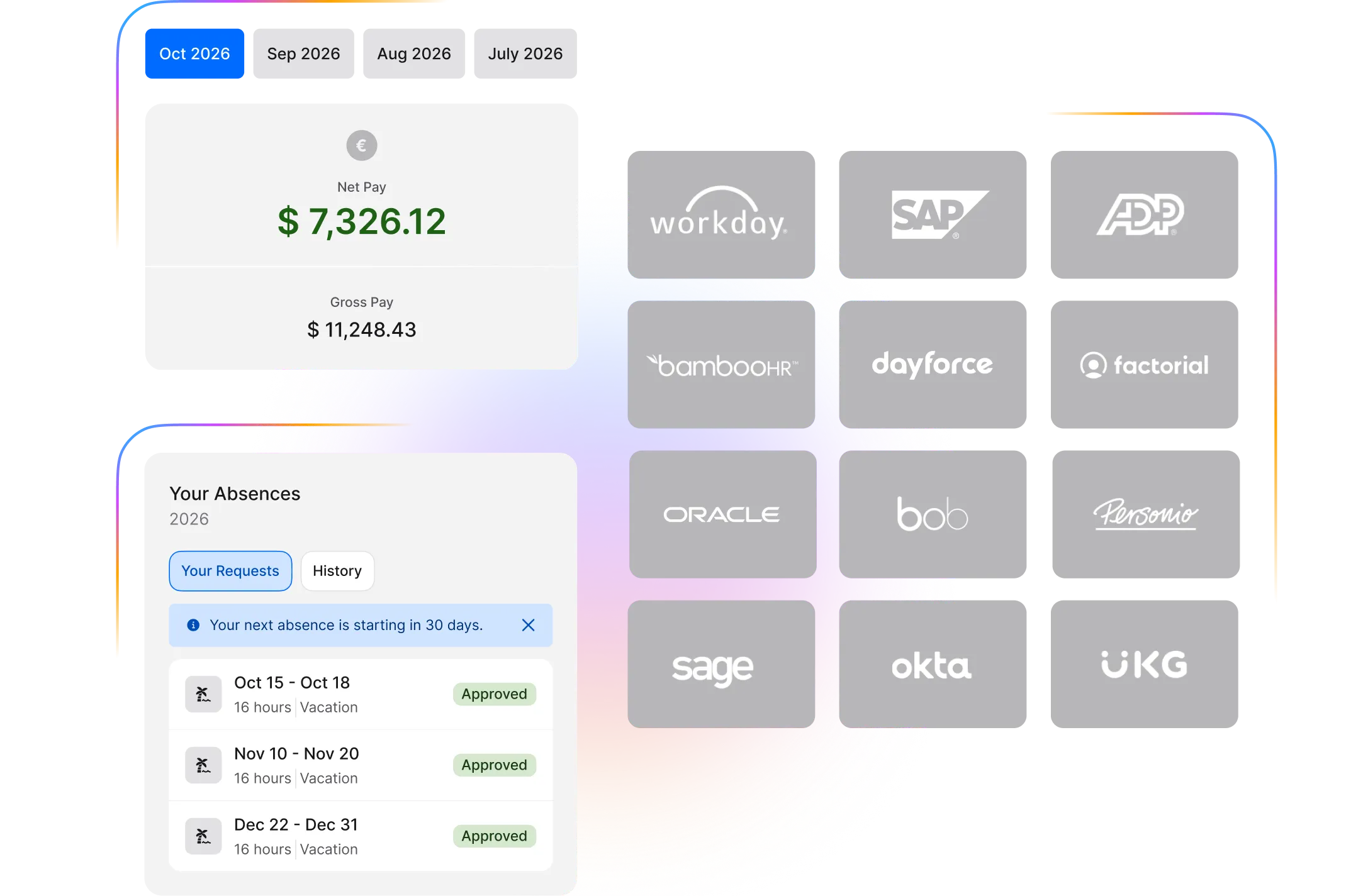 Dashboard displaying pay summary, absence requests, and logos of various HR software companies.