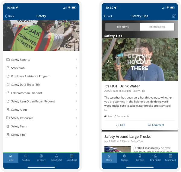 Employee app. Two smartphone screens showing a safety app interface with menu options and safety tips, including hydration advice in hot weather.
