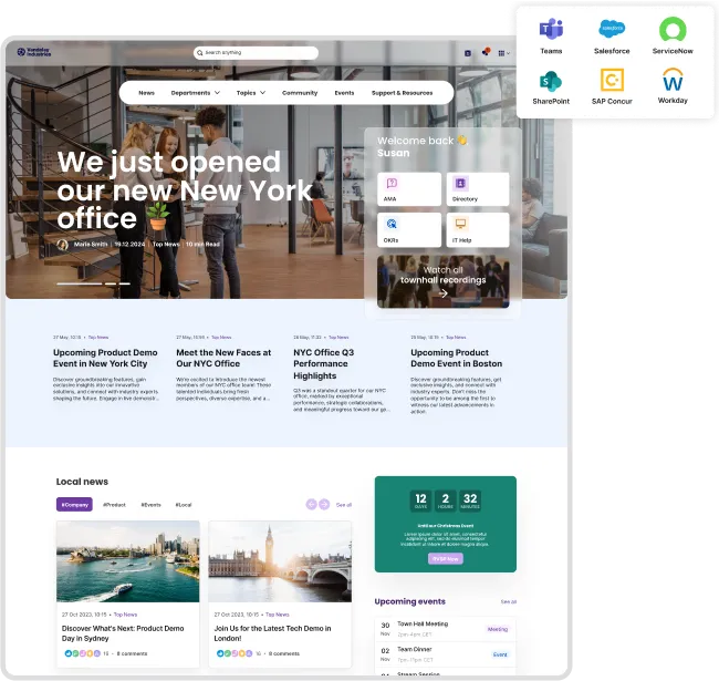 Office intranet homepage showing announcements, events, news, and app shortcuts. Includes a welcome message and links to various tools.