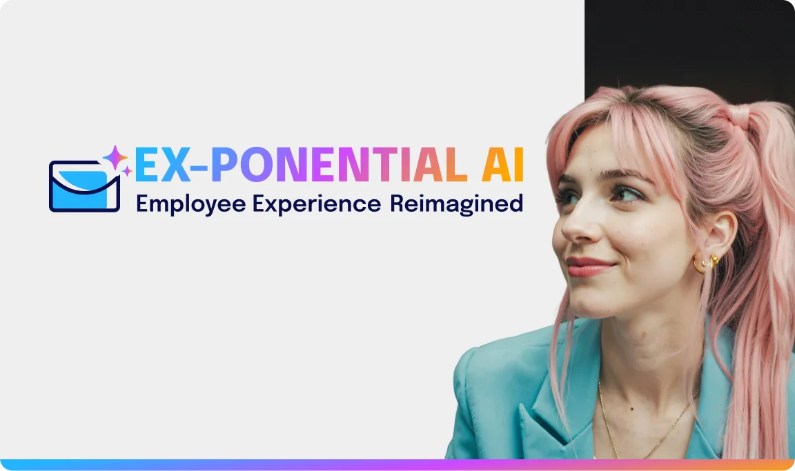 Woman with pink hair in a teal blazer next to a logo that reads "EX-PONENTIAL AI: Employee Experience Reimagined."