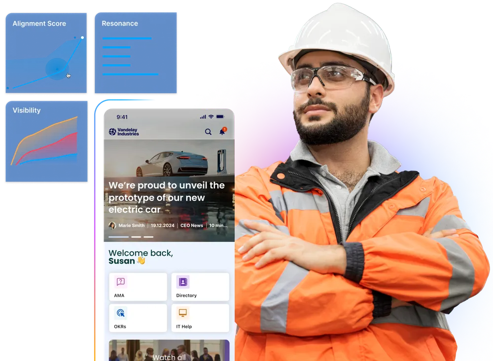 A construction worker in a hard hat and safety jacket stands confidently. Behind him are digital graphics and a smartphone displaying an app.