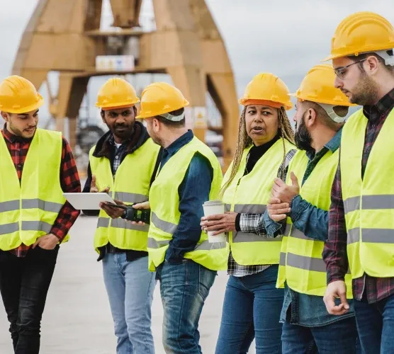 A group of construction workers in safety vests and helmets stand together, discussing at a worksite.