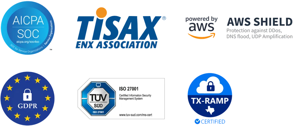 Logos of various certifications and protections: AICPA SOC, TISAX, AWS Shield, GDPR, ISO 27001, and TX-RAMP.