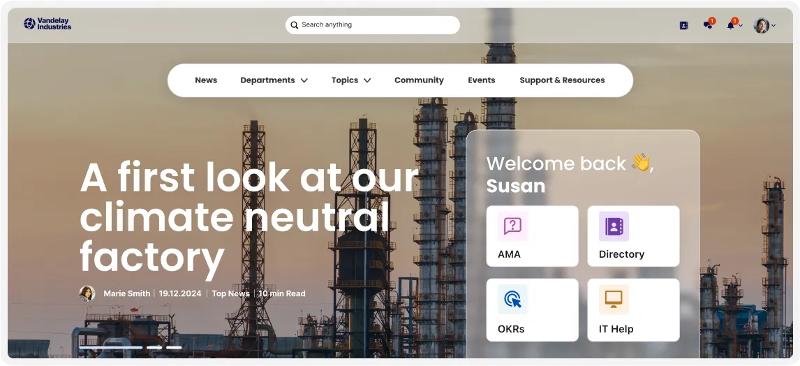 Factory with tall structures in the background. Text overlay: "A first look at our climate neutral factory." Welcome back message with app icons.