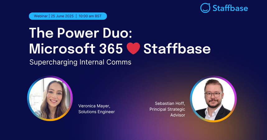Webinar announcement titled "The Power Duo: Microsoft 365 ❤️ Staffbase," featuring Veronica Mayer and Sebastian Hoff, scheduled for June 25, 2025.