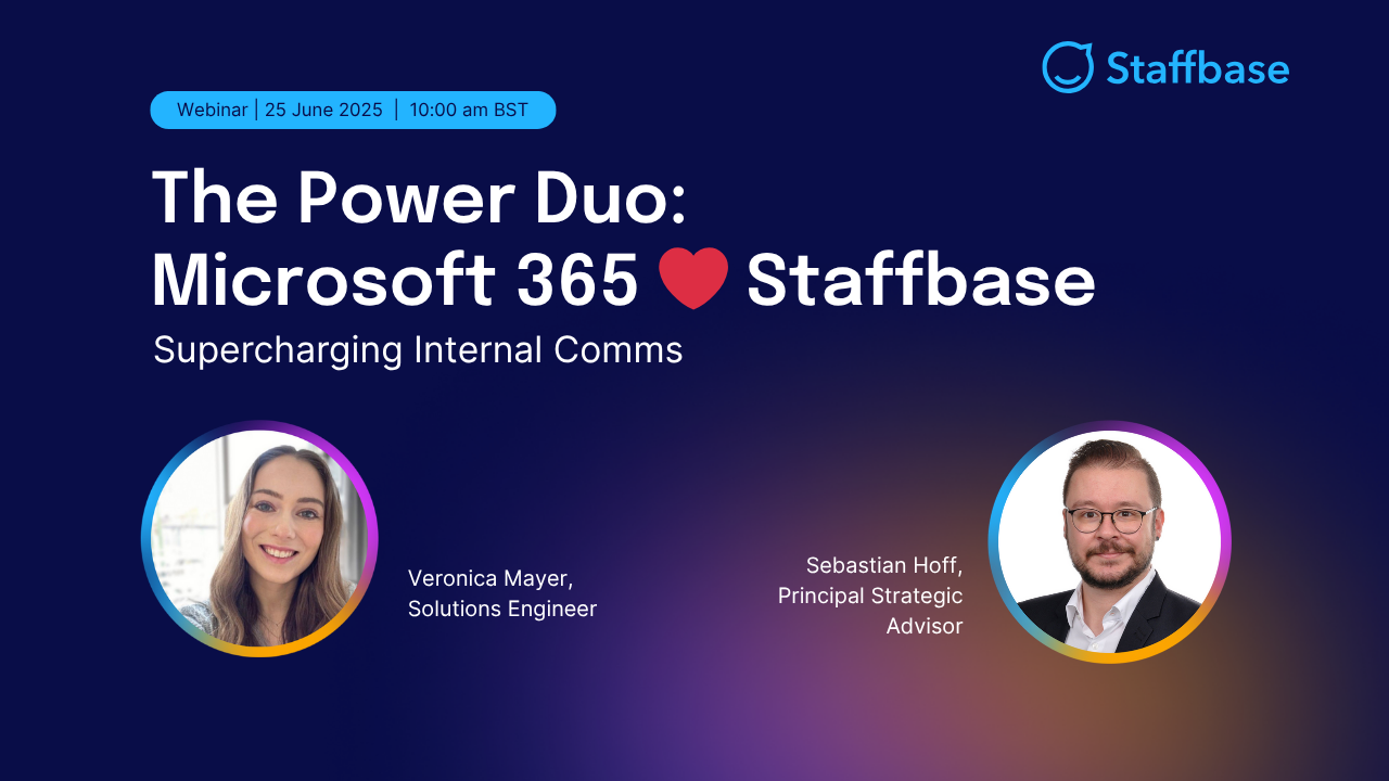 Webinar announcement titled "The Power Duo: Microsoft 365 ❤️ Staffbase," featuring Veronica Mayer and Sebastian Hoff, scheduled for June 25, 2025.