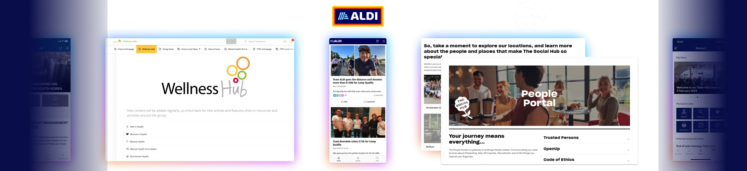 Collage of four website interfaces featuring Fresca Group, ALDI, The Social Hub, and Brussels Airlines, each with distinct branding and layouts.