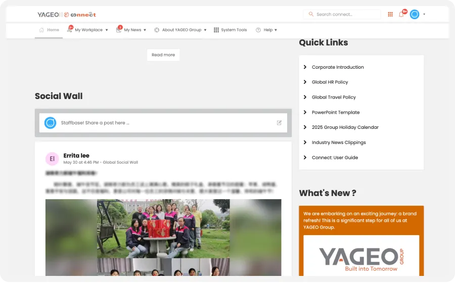 Screenshot of a corporate intranet page featuring a social wall, quick links, and a "What's New?" section with company updates.