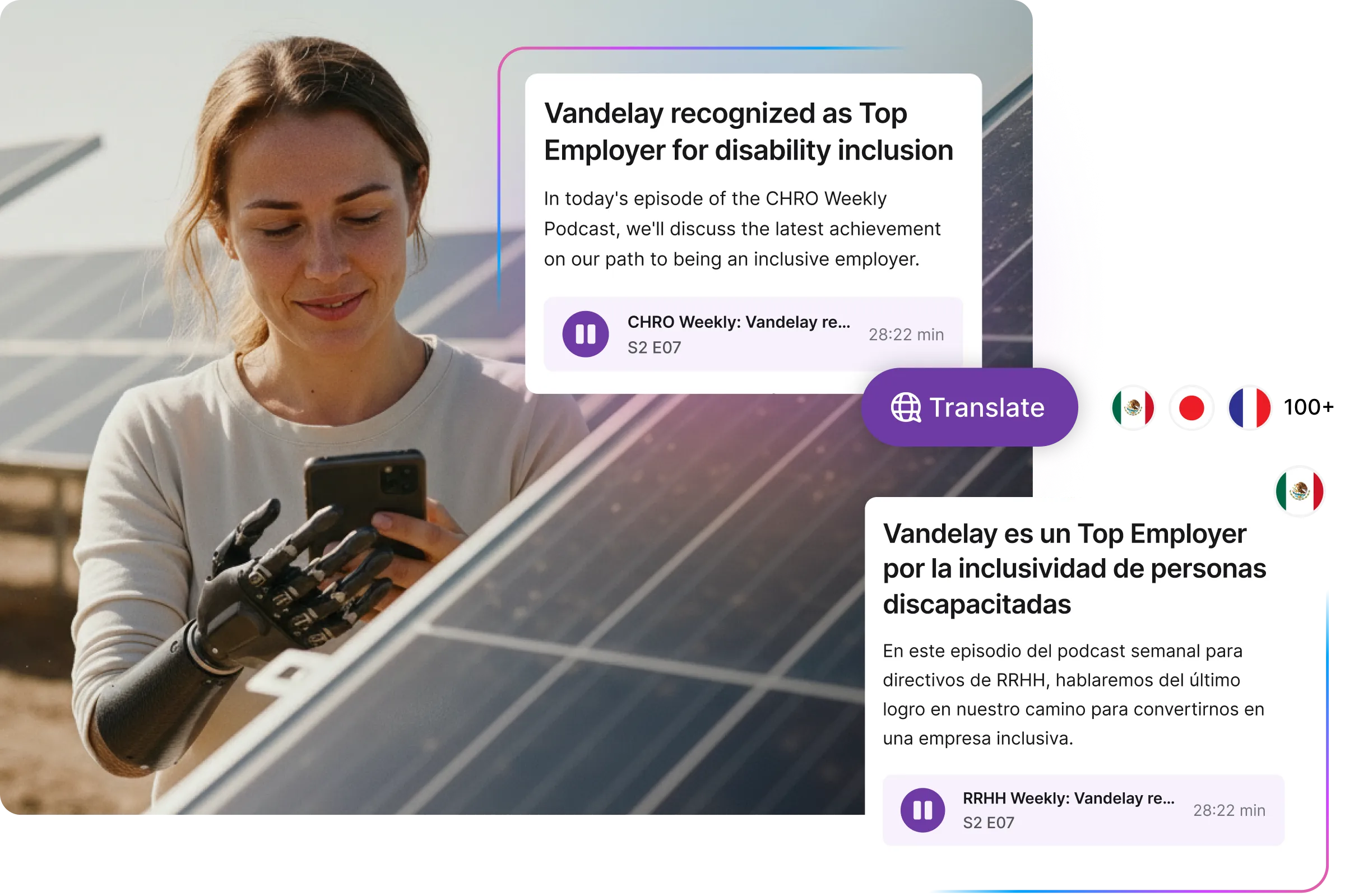 Woman with a prosthetic hand uses a smartphone near solar panels while a company news card appears in English and Spanish with a ‘Translate’ button and language icons