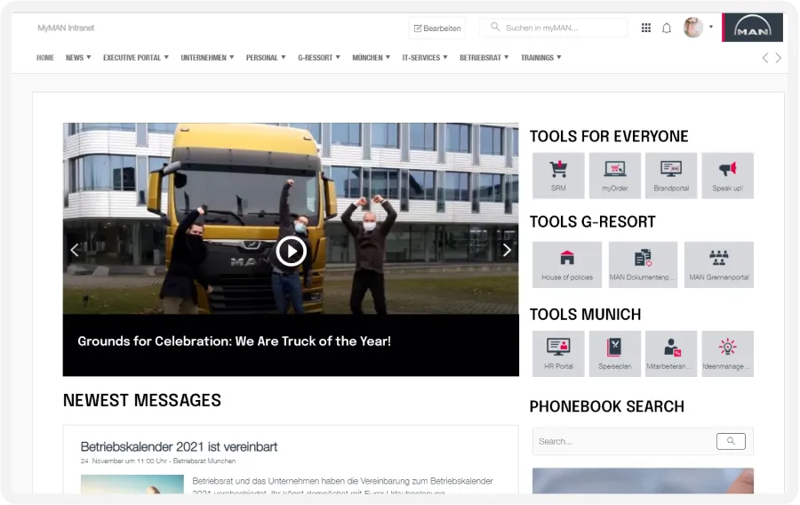 Screenshot of a website featuring a video thumbnail of people celebrating in front of a yellow truck, with navigation and tool links on the right.