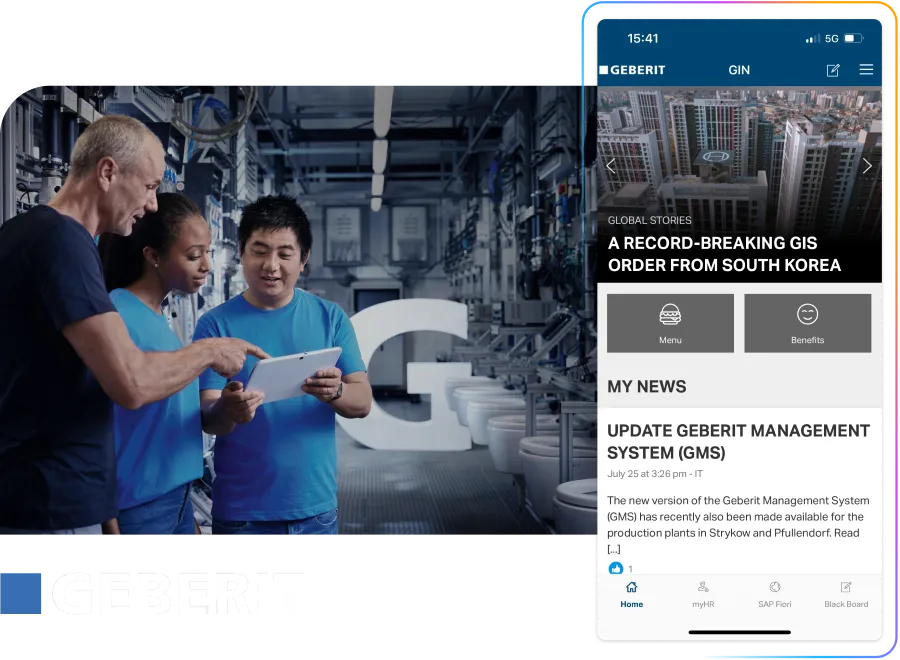 Three people in a factory setting look at a tablet. A smartphone screen shows the Geberit app interface with news and menu options.