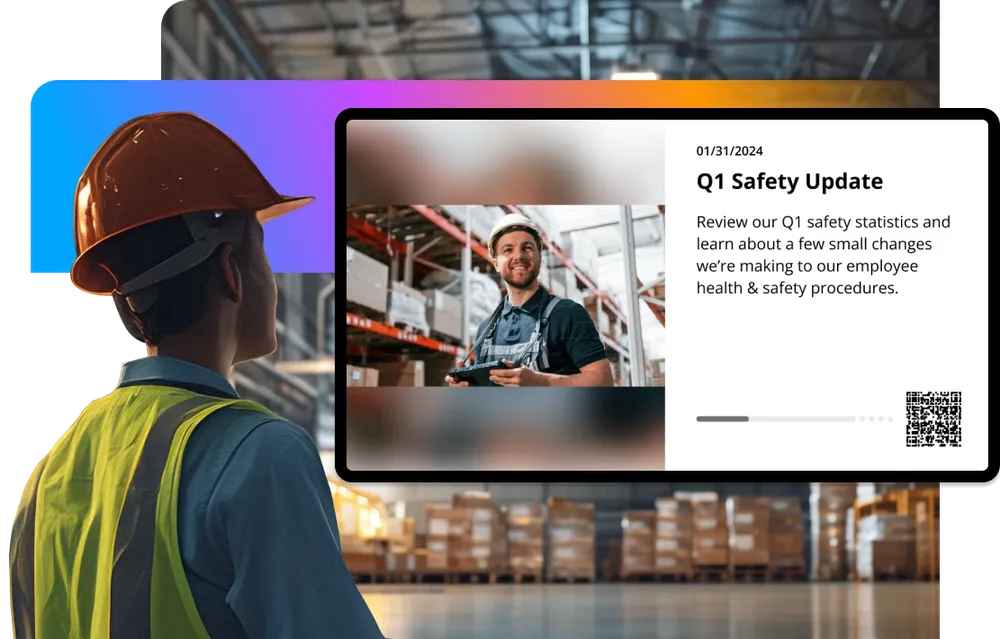 A worker in a hard hat and vest looks at a digital screen displaying a "Q1 Safety Update" with a warehouse background.