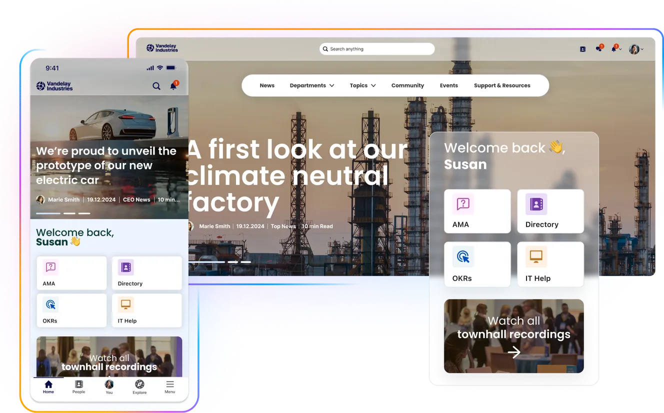 Mobile and desktop views of a website interface, featuring a welcome message, navigation menu, and industrial background image.