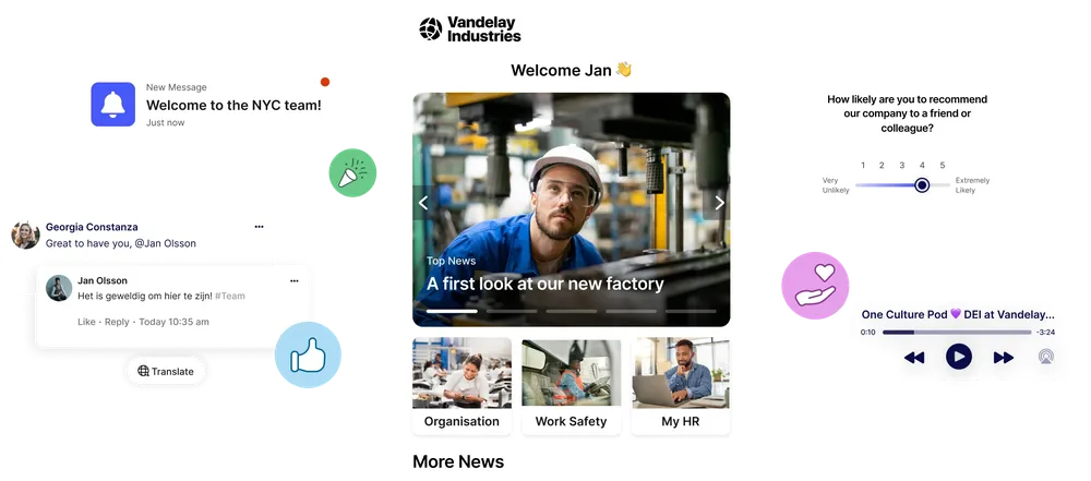 Mobile interface showing a welcome message, news about a new factory, and social interactions. Includes icons for messages, likes, and ratings.