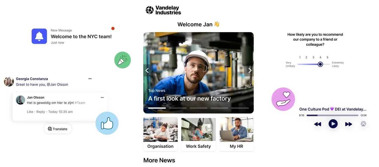 Mobile interface showing a welcome message, news about a new factory, and social interactions. Includes icons for messages, likes, and ratings.