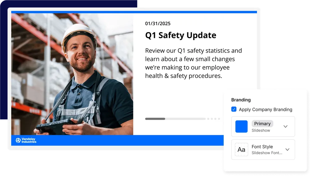 Worker in a helmet smiles, holding a device. Text reads "Q1 Safety Update" with branding options shown.