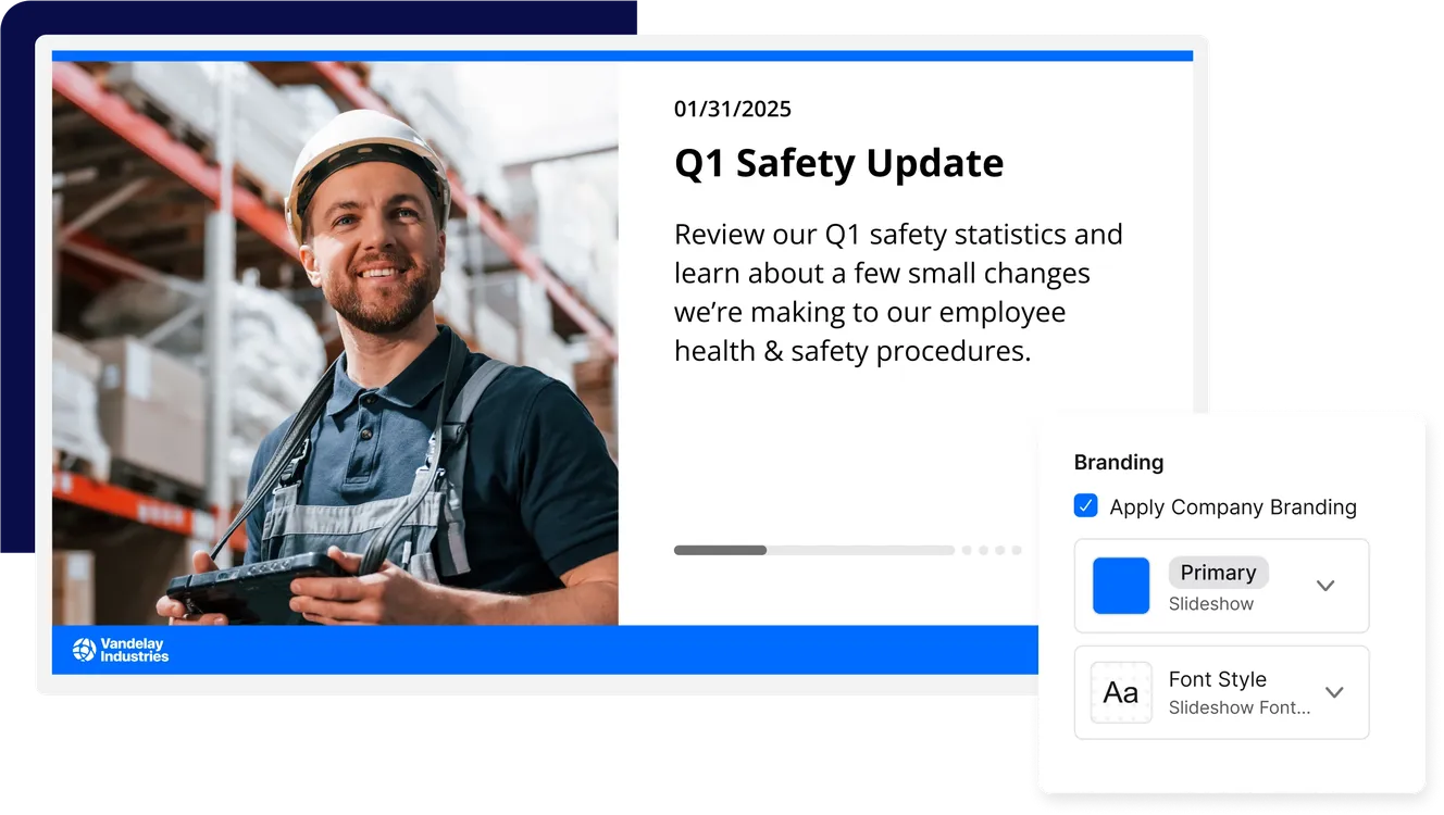 Worker in a helmet smiles, holding a device. Text reads "Q1 Safety Update" with branding options shown.