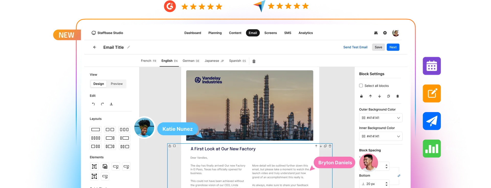 Email design software interface showing a factory-themed email template with customization options on the right panel.