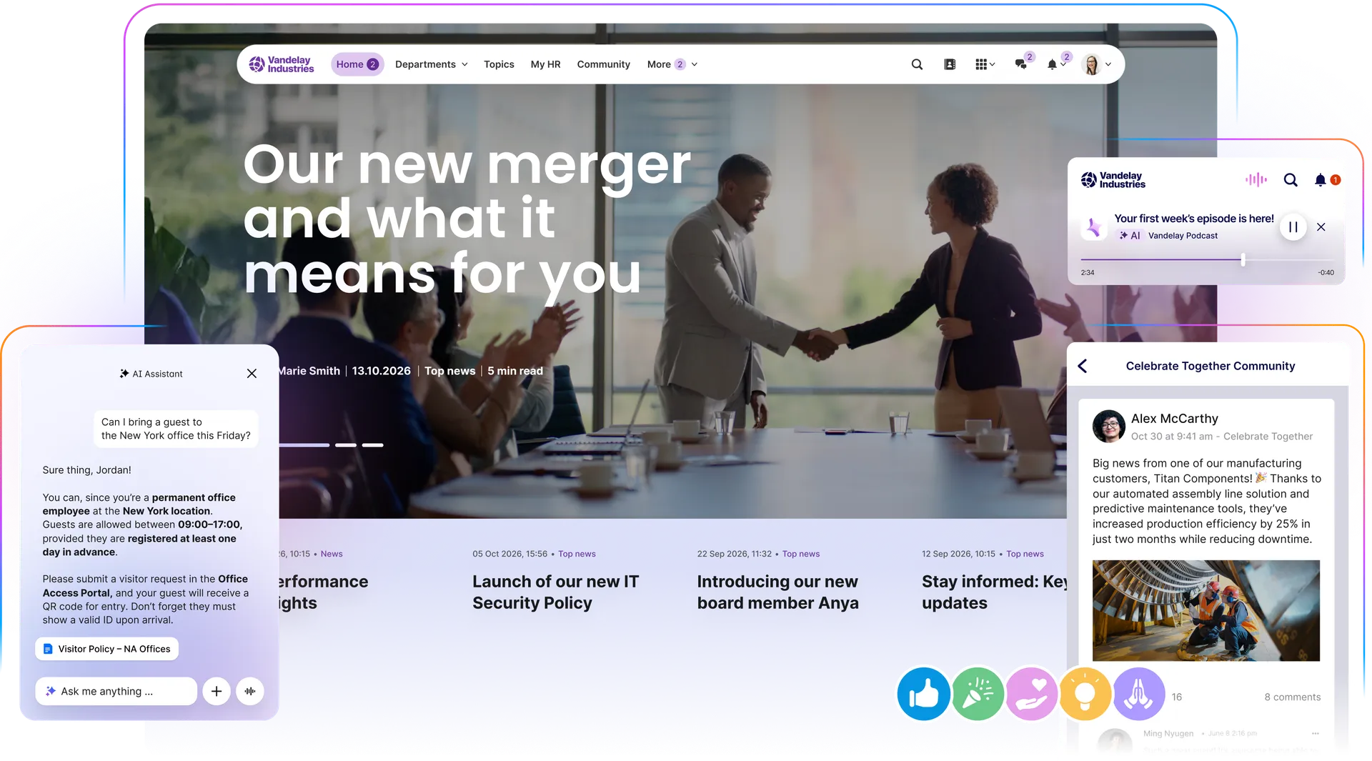 A digital interface showing a company meeting, chat windows, and notifications about a merger and new IT security policy.
