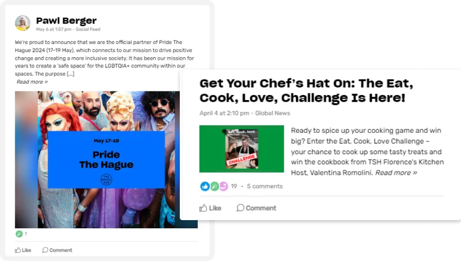 Social media post announcing "Pride The Hague 2024" with a colorful background and another post about a cooking challenge event.