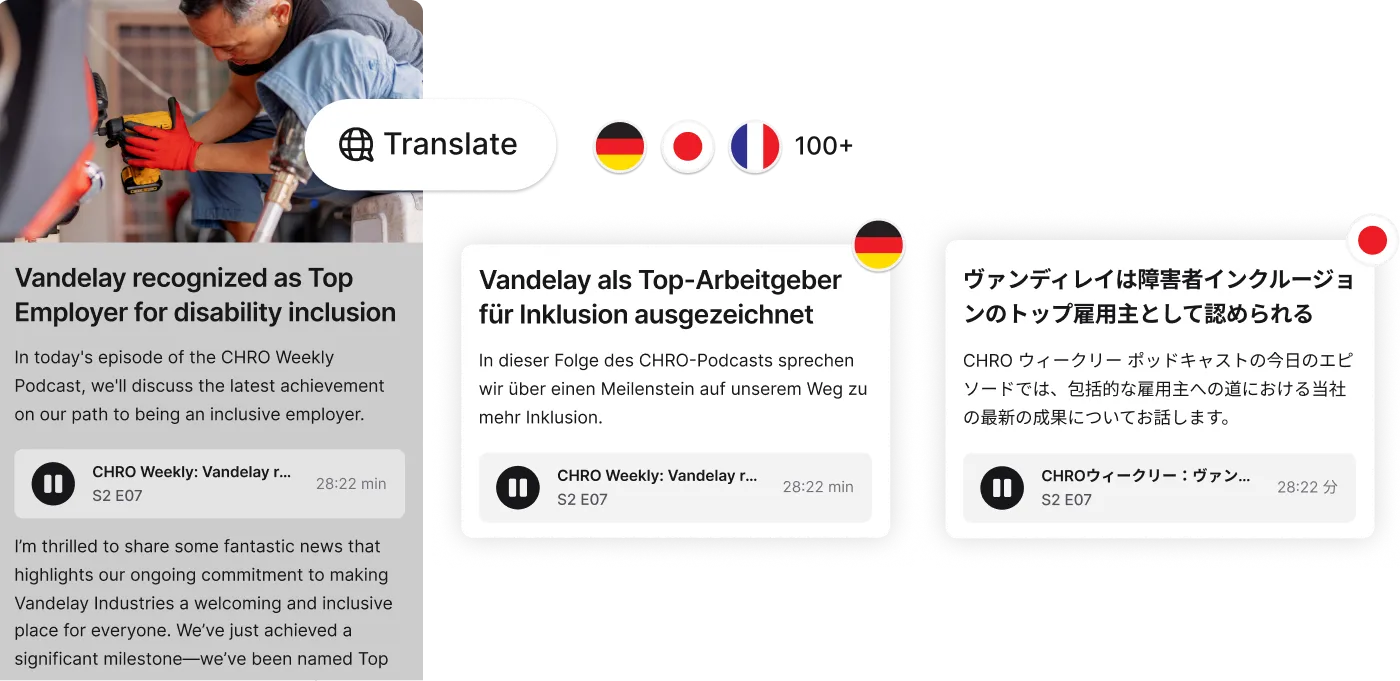 A person using a tablet with translation options in multiple languages, displaying text about Vandelay's recognition as a top employer for inclusion.
