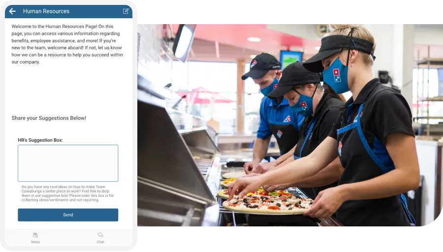 Three employees in uniforms and masks prepare pizzas in a kitchen. A digital screen displays a Human Resources page with a suggestion box.