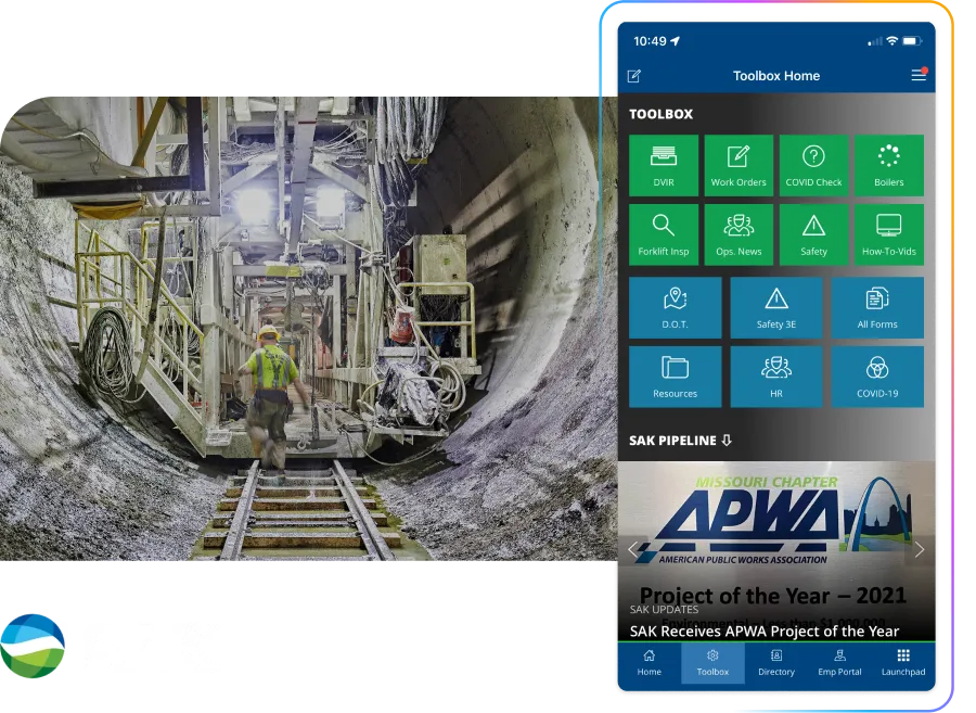 Construction worker in a tunnel alongside a mobile app interface displaying toolbox options and a project award announcement. SAK logo visible.