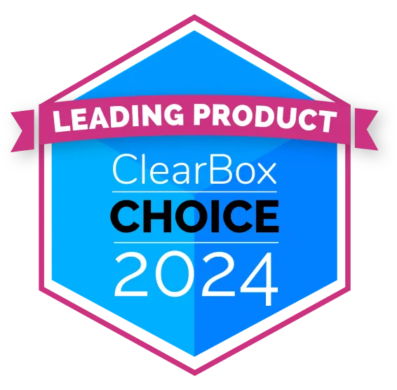 Hexagonal badge with "Leading Product" banner, "ClearBox Choice 2024" text, in blue and pink colors.