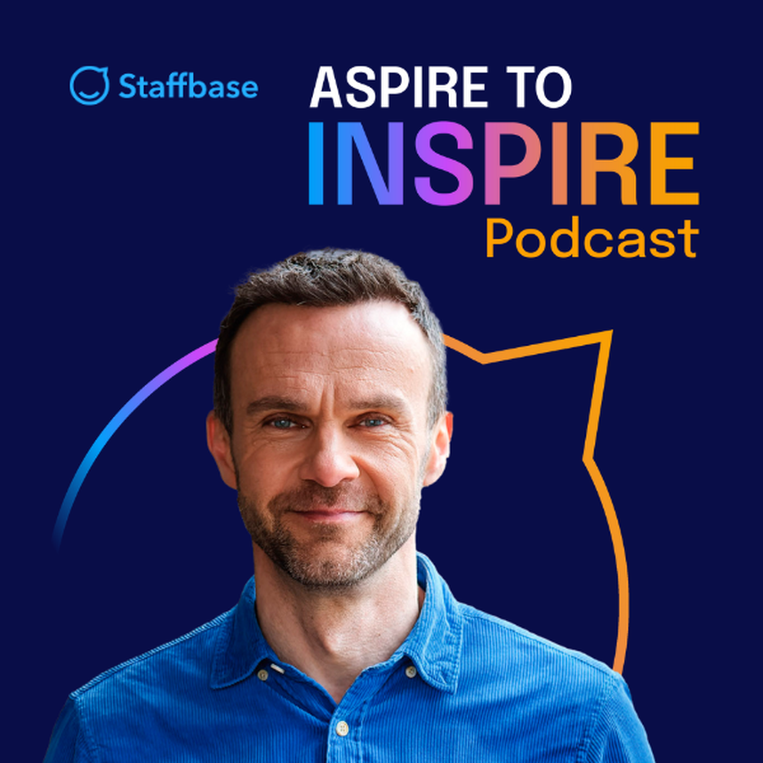 Man in a blue shirt smiling in front of a dark blue background with "Aspire to Inspire Podcast" text and a colorful outline.