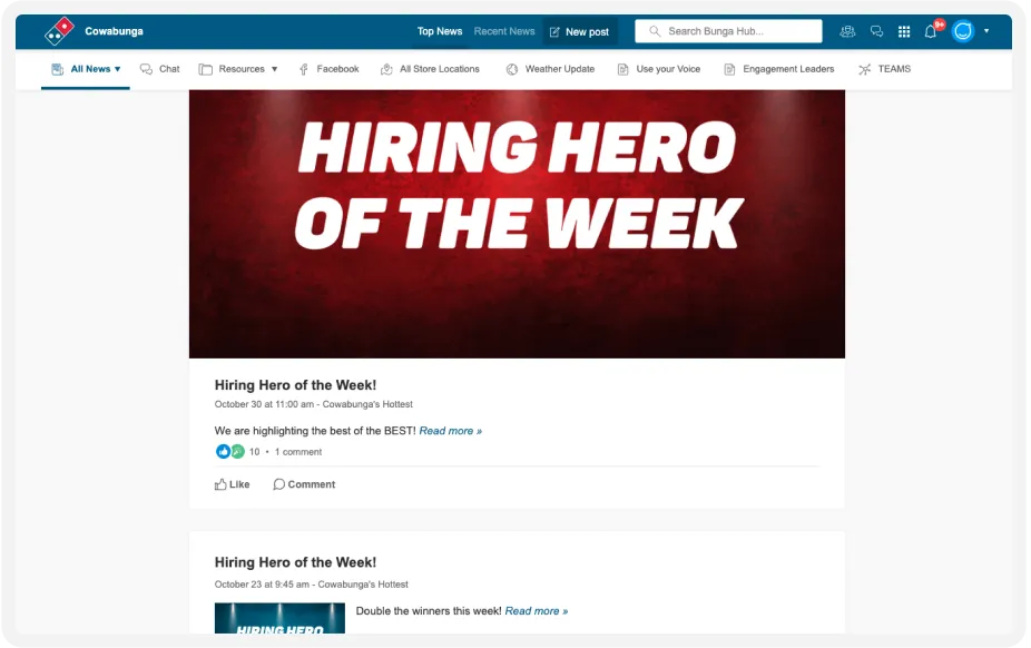 Website page titled "Hiring Hero of the Week" with a red banner and two posts below announcing the feature.
