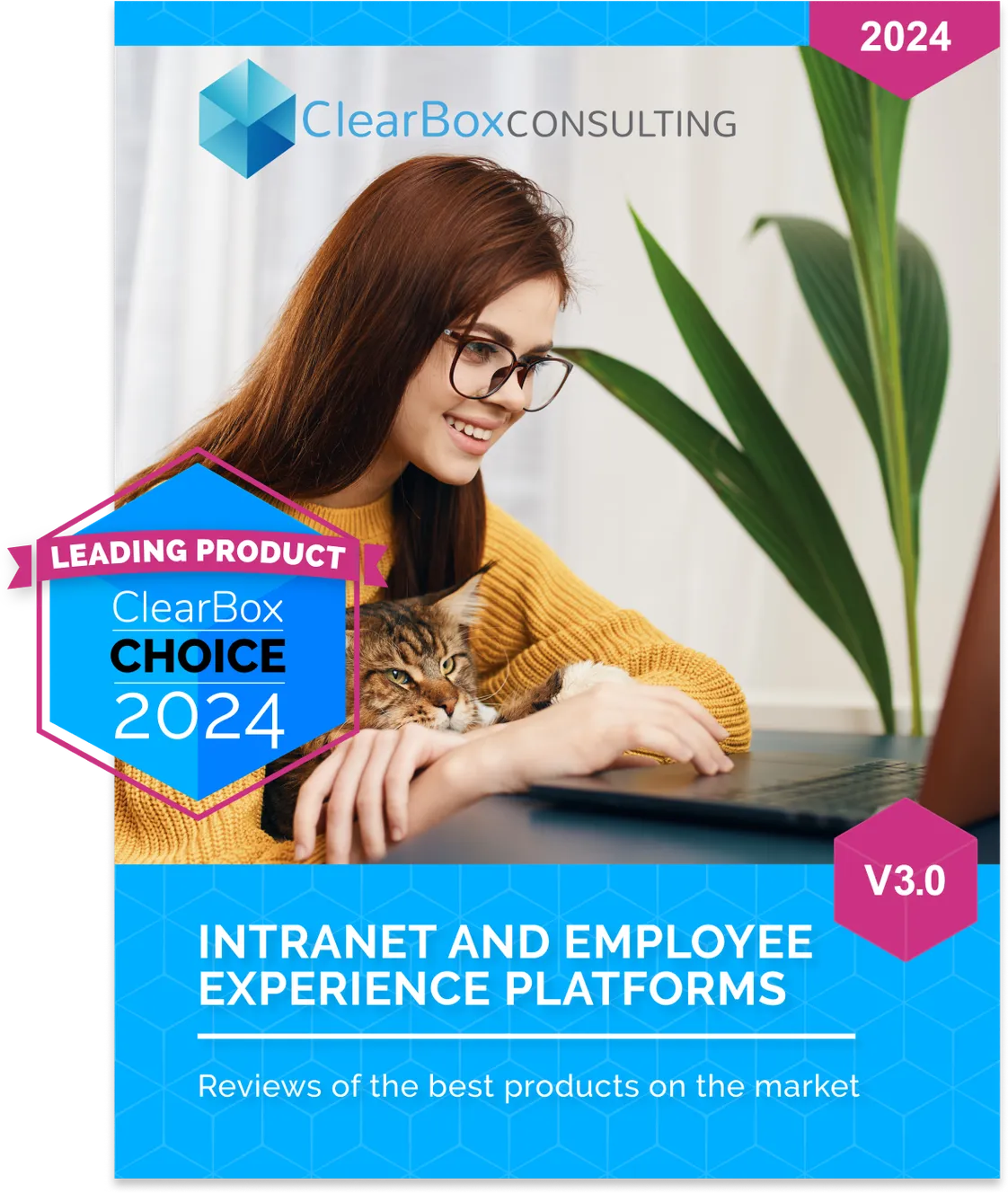 Woman in glasses using a laptop with a cat on her lap, next to a 2024 award badge for ClearBox Consulting's intranet platforms.