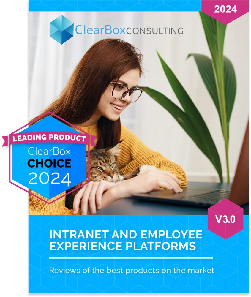 Woman in glasses using a laptop with a cat on her lap, next to a 2024 award badge for ClearBox Consulting's intranet platforms.