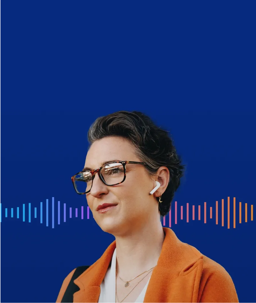 Person wearing glasses and wireless earbuds, looking thoughtful against a blue background with colorful sound waves.