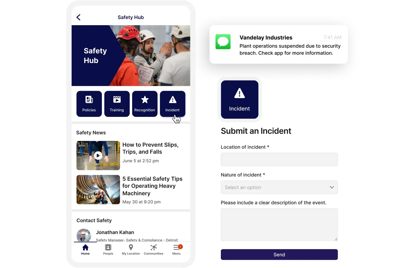Mobile app interface showing a safety hub with news, training, and incident reporting features, including a notification about a security breach.