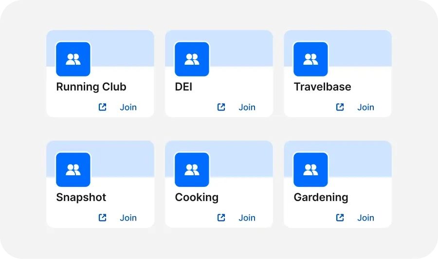 Grid of six blue icons with labels: Running Club, DEI, Travelbase, Snapshot, Cooking, Gardening, each with a "Join" button.