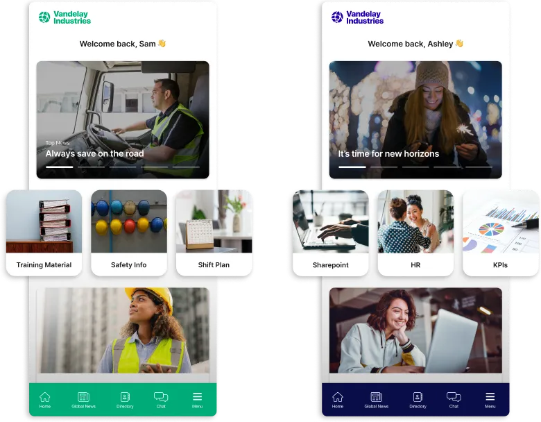 Split-screen app interface showing a truck driver and a woman with a laptop. Includes training, safety, shift plans, HR, and KPI sections.