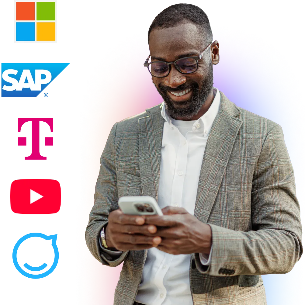 Man in a plaid suit using a smartphone, surrounded by logos of Microsoft, SAP, T-Mobile, YouTube, and a circular arrow icon on a colorful background.