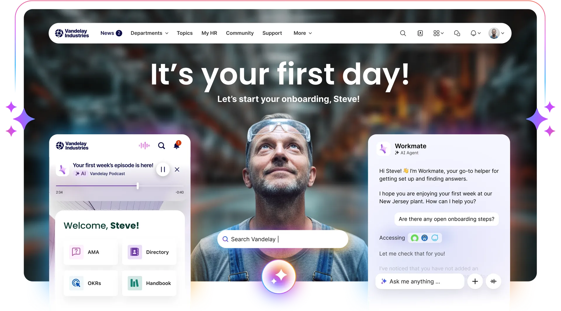 Digital onboarding screen with welcome message, search bar, and chat interface. Background shows a person wearing safety gear.
