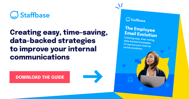Blue and yellow promotional graphic for Staffbase's guide on improving internal communications, featuring a woman with a laptop.