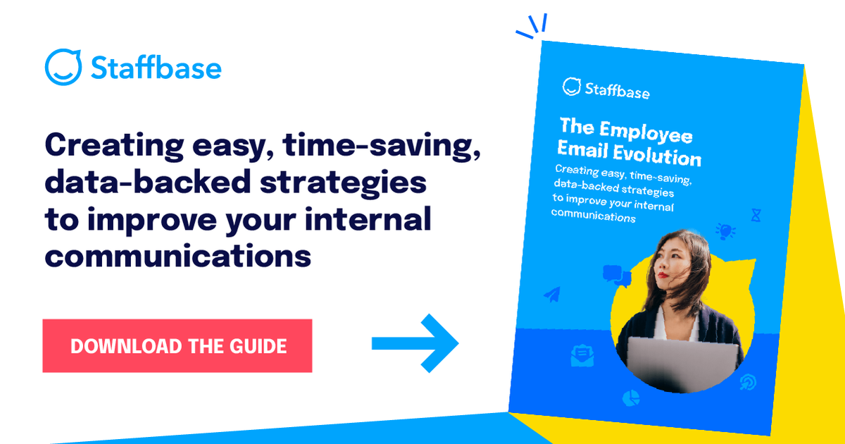 Blue and yellow promotional graphic for Staffbase's guide on improving internal communications, featuring a woman with a laptop.