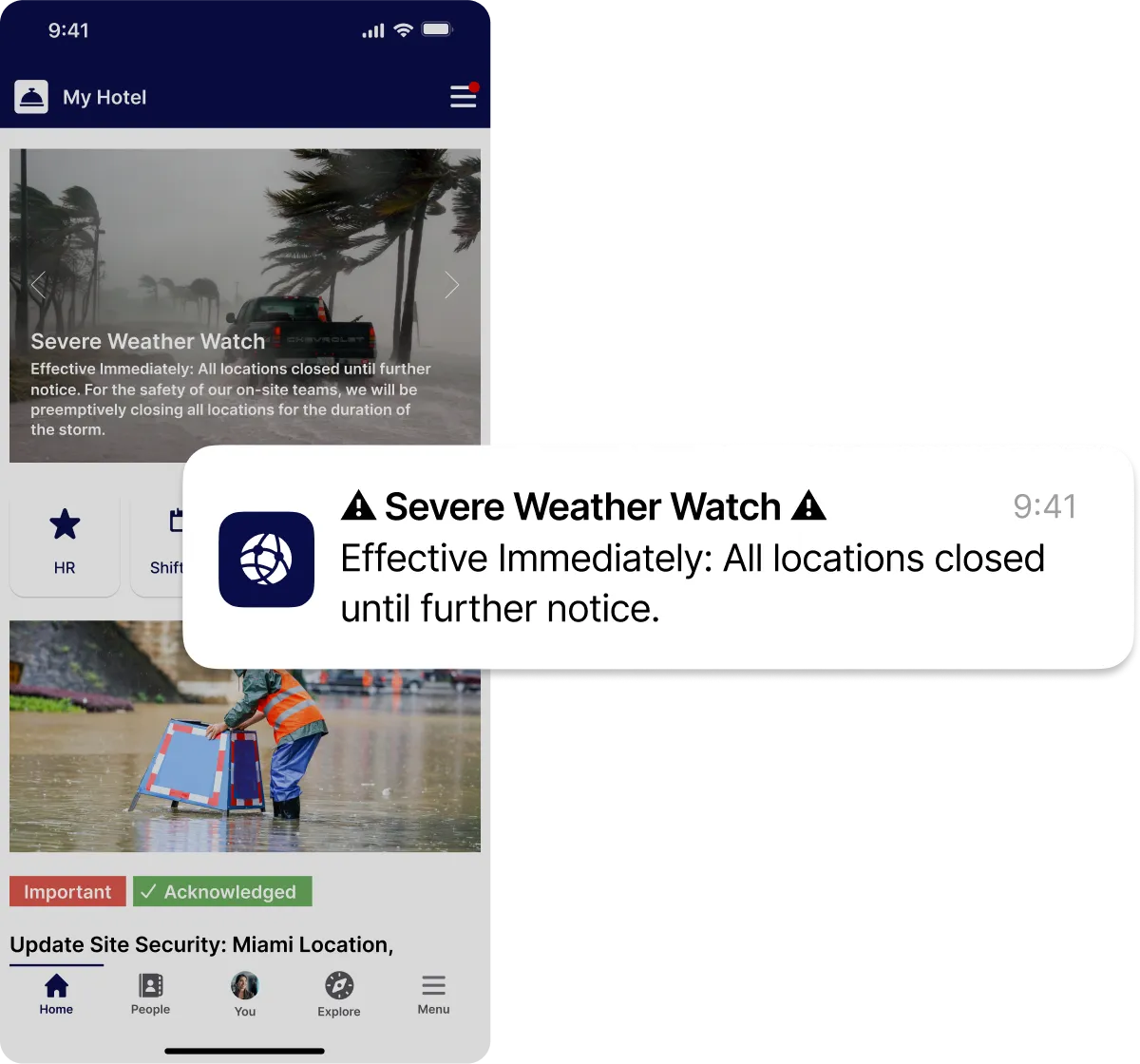 Mobile app screen showing a severe weather alert notification about all locations being closed, with images of stormy weather and flooding.