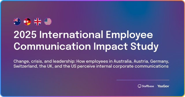Gradient background with text: "2025 International Employee Communication Impact Study" and participating countries' flags. Logos: Staffbase, YouGov.