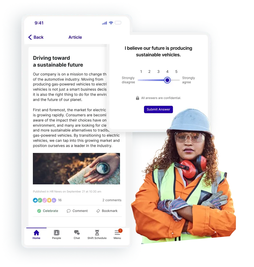 A woman in a hard hat and safety gear stands beside a smartphone displaying a survey about sustainable vehicles.