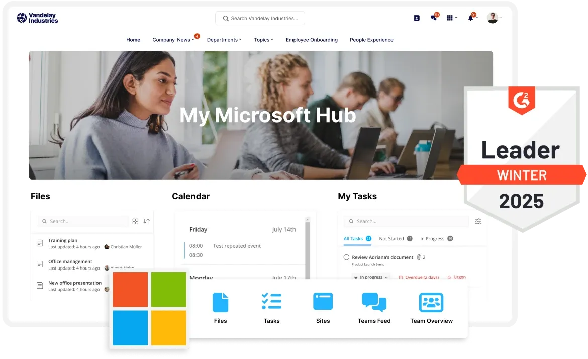 A team works on laptops in an office. The screen shows "My Microsoft Hub" with files, calendar, and tasks. A "Leader Winter 2025" badge is visible.