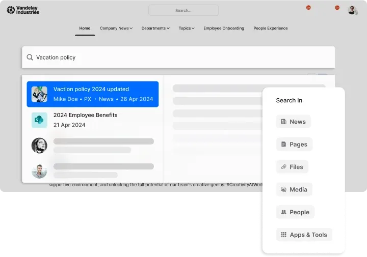 Search results for "Vacation policy" on a company intranet, showing related articles and a search filter sidebar.