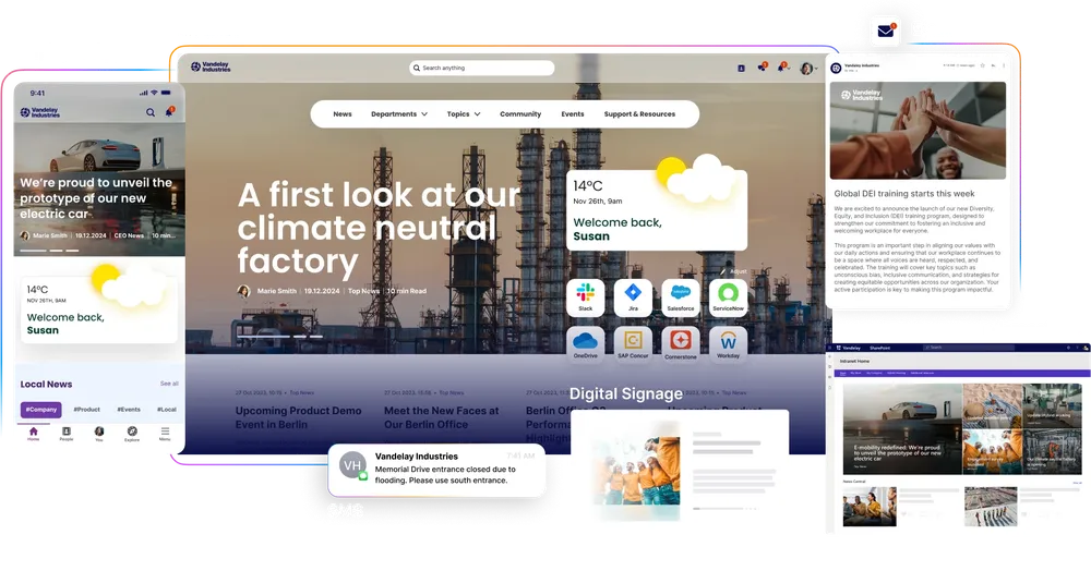 A digital dashboard displaying weather, news, and apps, with a factory background and various widgets for updates and notifications.