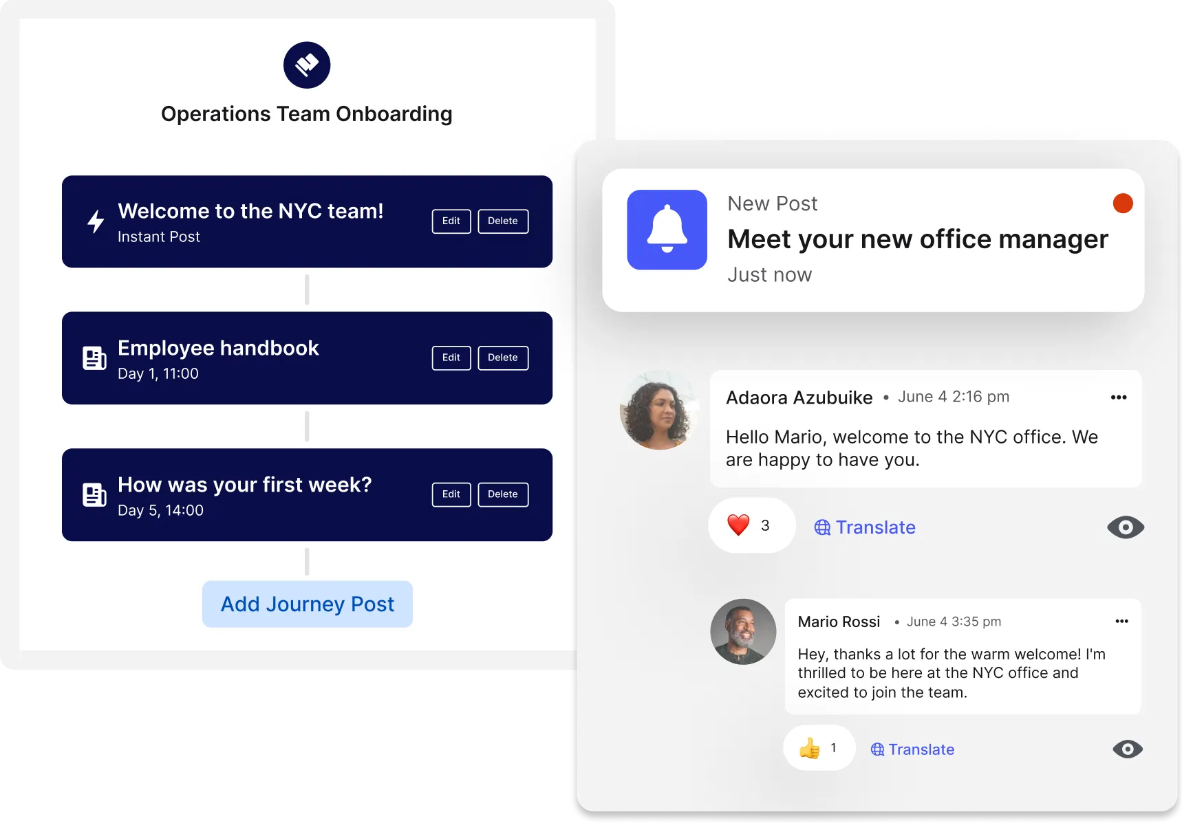 Onboarding workflow and social media post with comments, welcoming a new office manager to the NYC team.