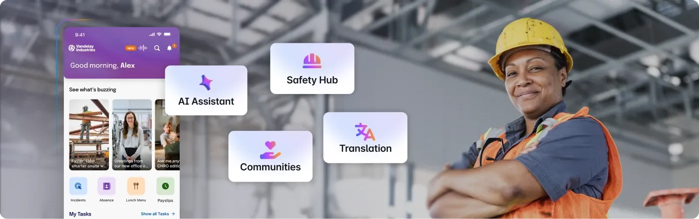 Construction worker in a hard hat stands confidently. Nearby, a smartphone screen shows apps like AI Assistant, Safety Hub, and Translation.