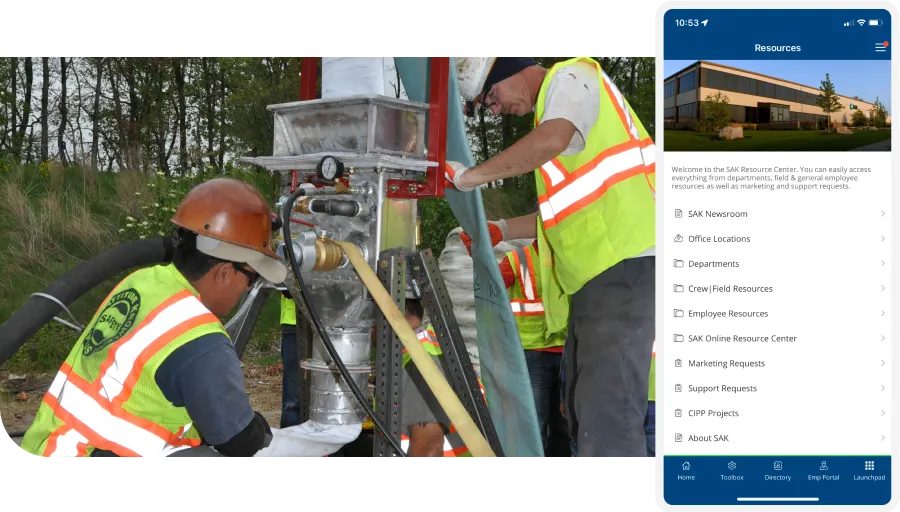 Construction workers in safety gear operate equipment outdoors. Inset shows a mobile app interface with various resource options.