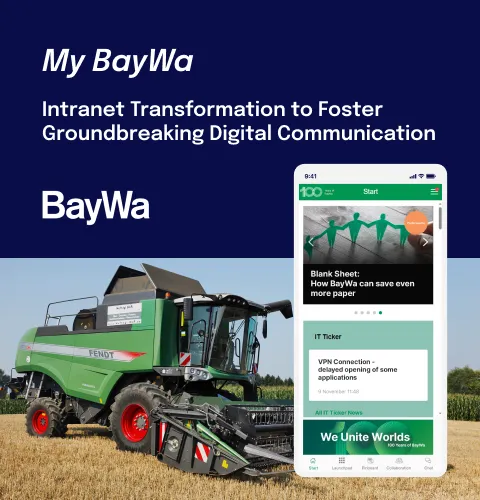 A green Fendt harvester in a field with a smartphone screen displaying the BayWa intranet interface. Text highlights digital communication.